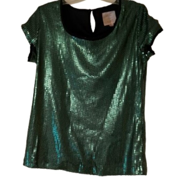 Romeo & Juliet Couture Green Sequin Short Sleeve Blouse - Lined - Medium - Picture 1 of 3